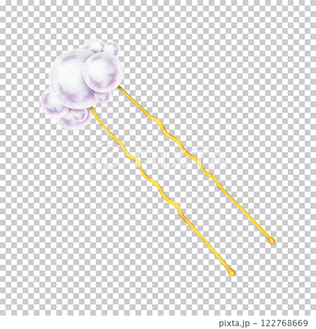 Elegant gold hairpin with delicate pearls, hand-painted in watercolor. A luxurious accessory for bridal hairstyles, wedding styling, fashion design, beauty branding, jewelry packaging, decorative art 122768669