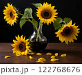 Vibrant sunflowers in a vase with scattered petals on a wooden table. Generated AI. 122768676