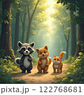 Cartoon raccoon, fox, and cat walking in a forest path. Generated AI. 122768681