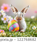 Adorable Bunny with Bright Easter Egg in a Field of Flowers. Generated AI. 122768682