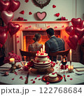 Romantic Valentine's Day Dinner by the Fireplace with Cake and Decorations. Generated AI. 122768684