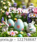 Festive Easter Scene with Decorated Eggs and Bunnies. Generated AI. 122768687