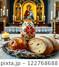 Easter Celebration with Traditional Bread and Decorated Egg. Generated AI. 122768688