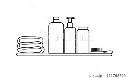 Bathroom essentials shelf. Bottles, towels, hairbrush. Hotel, spa, salon design. Simple line art, white background, top view. 122768703
