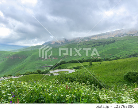 Rolling Green Hills Under a Cloudy Sky in a Mountainous Region. Generative AI 122768880