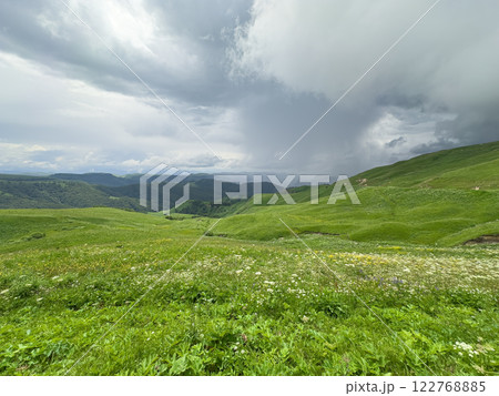 Lush Green Hillside Landscape Under Stormy Clouds. Generative AI 122768885