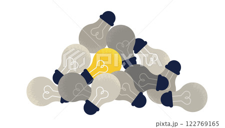 ひらめきが光る電球​​のイラスト | 課題の中から生まれるアイデアの構想イメージイラスト 122769165