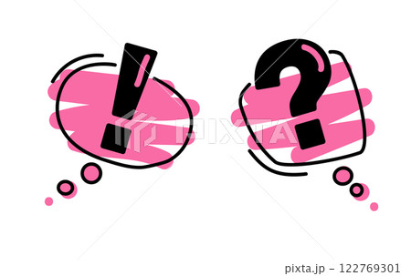 Exclamation mark icon in red speech bubble. Linear question mark. with black line, doodle style. 122769301