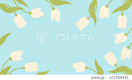 Floral frame Poster with White Tulips on Soft Blue Background. Horizontal Template with copy space for text. Springtime, wedding invitation concept. Vector illustration. Design for card, banner 122769491