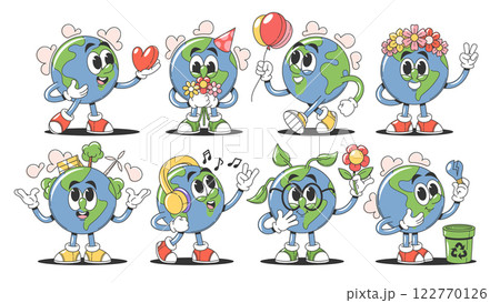 Cute Earth planet cartoon characters kawaii emoji sticker for world environment day celebration 122770126