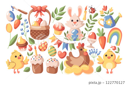 Happy Easter spring holiday decoration symbols, traditional food snacks, natural design elements set 122770127
