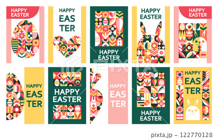Happy Easter traditional spring season holiday banners with modern geometric prints design 122770128