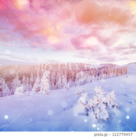 Mysterious winter landscape majestic mountains in winter. Magical winter snow covered tree. Photo greeting card. Bokeh light effect, soft filter. Mysterious winter landscape majestic mountains in winter. Magical winter snow covered tree. Photo greeting card. Bokeh light effect, soft filter. 122770457