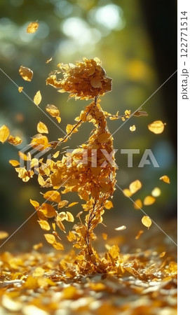 Whimsical autumn spirit made of golden leaves, gracefully dancing in forest breeze. AI Generative 122771514