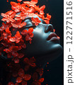 Ethereal woman’s face merging with glowing red flowers, radiating surreal beauty. AI Generative 122771516