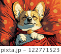 Adorable superhero corgi sleeping in bed, wrapped in blankets, dreamy and content. AI Generative 122771523