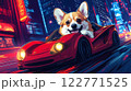 Cool corgi driving sports car through a neon-lit cyberpunk city, dynamic and stylish. AI Generative 122771525