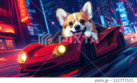 Cool corgi driving sports car through a neon-lit cyberpunk city, dynamic and stylish. AI Generative 122771525