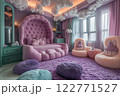 Whimsical pastel bedroom with cloud decor, plush furniture, and dreamy lighting. AI Generative 122771527