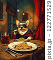 Elegant corgi superhero in mask and cape, enjoying gourmet pasta dinner in restaurant. AI Generative 122771529