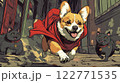 Brave superhero corgi in red cape dashing through city streets, with black cats. AI Generative 122771535