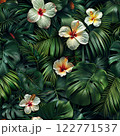 Tropical pattern with lush green leaves and exotic hibiscus flowers. AI Generative 122771537