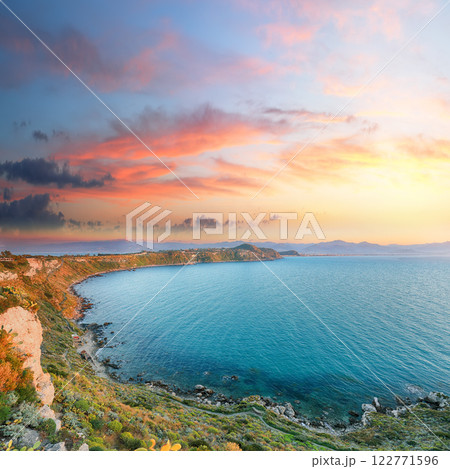 Breathtaking spring view on the the cape Milazzo panorama of nature reserve. Breathtaking spring view on the the cape Milazzo panorama of nature reserve. 122771596