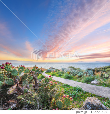 Awesome spring view on the the cape Milazzo panorama of nature reserve. 122771599