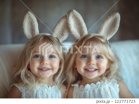Two little girls with rabbit ears on light background, raised hands greeting, Easter concept. Two little girls with rabbit ears on light background, raised hands greeting, Easter concept. 122771723