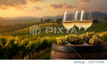 Panorama wine with grapes barrel sunny vineyard background. Seasonal grape background, harvest 122771836