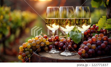 Glasses of wine with grapes barrel sunny vineyard background. Seasonal grape background, harvest 122771837