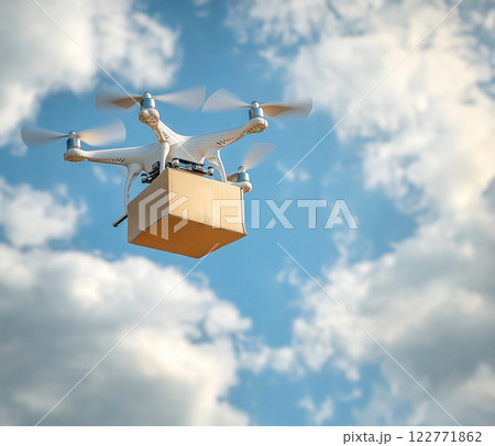 Aerial quadcopter drone carrying large stack cardboard boxes. Urban technology, commerce concept 122771862