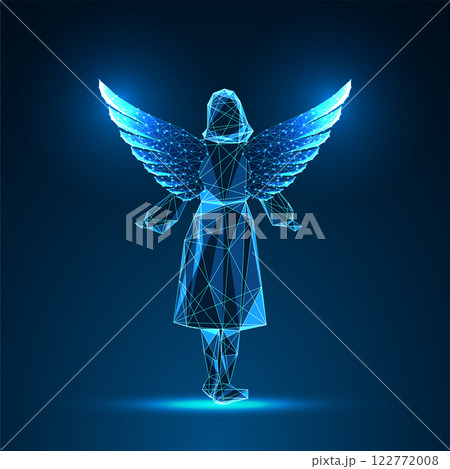 Abstract woman silhouette with glowing wings on blue background. Freedom, strength, empowerment Abstract woman silhouette with glowing wings on blue background. Freedom, strength, empowerment 122772008