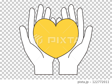 Illustration of a yellow heart on the palm of your hand_Line drawing 122772011