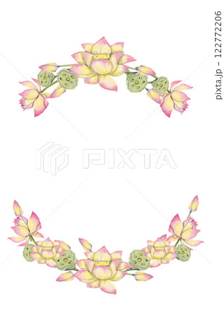 Floral Frame with Lotus Flowers and Leaves, Watercolor Illustration for Printing on Cards, Flyers, Leaflets, Posters, Fabric, Textiles and Social Media Post Design 122772206