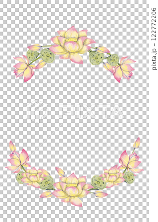 Floral Frame with Lotus Flowers and Leaves, Watercolor Illustration for Printing on Cards, Flyers, Leaflets, Posters, Fabric, Textiles and Social Media Post Design 122772206