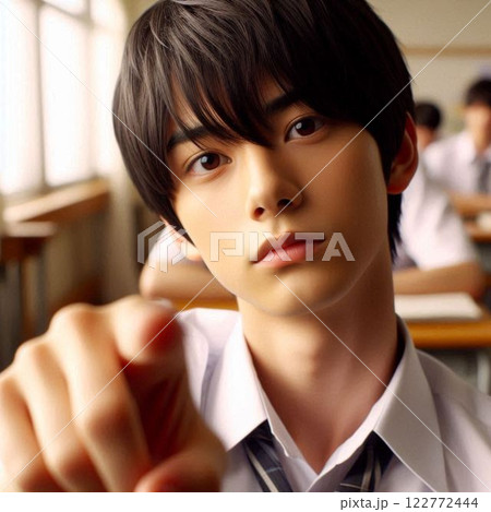 前方を指さしている男子高校生 122772444