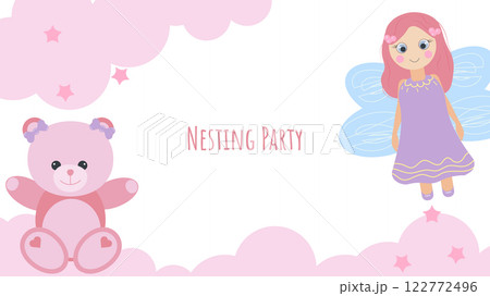 Nesting party banner honor of expectant parents. Fairy and pink teddy bear. Website poster design in pastel colors. Vector illustration. 122772496