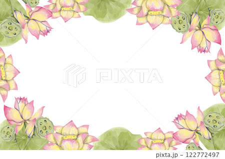 Lotus Flower Frame Horizontal Watercolor Illustration for Printing on Cards, Flyers, Leaflets, Posters, Fabric, Textiles and Social Media Post Design 122772497
