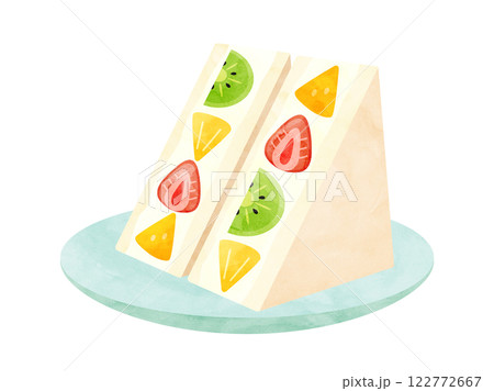お皿にもったフルーツサンドのイラスト　水彩風加工バージョン 122772667