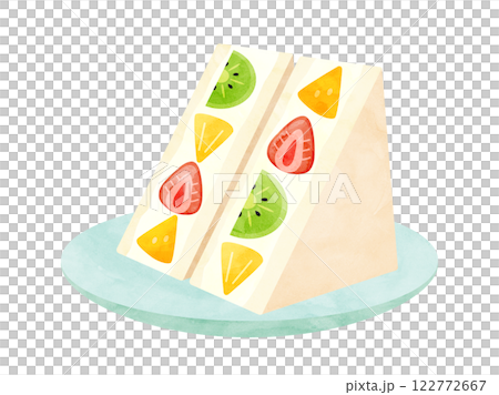 お皿にもったフルーツサンドのイラスト　水彩風加工バージョン 122772667