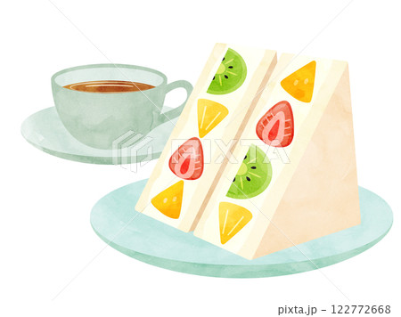 フルーツサンドと紅茶の軽食やおやつ・デザートをイメージしたイラスト 水彩風加工バージョン フルーツサンドと紅茶の軽食やおやつ・デザートをイメージしたイラスト 水彩風加工バージョン 122772668
