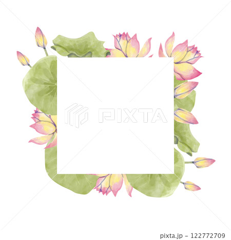 Floral Square Frame with Lotus Flowers, Watercolor Illustration for Printing on Cards, Flyers, Leaflets, Posters, Fabric, Textiles and Social Media Post Design 122772709