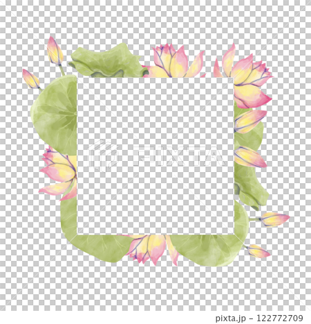 Floral Square Frame with Lotus Flowers, Watercolor Illustration for Printing on Cards, Flyers, Leaflets, Posters, Fabric, Textiles and Social Media Post Design 122772709