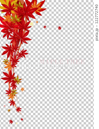 鮮やかな紅葉が垂れ下がりモミジが舞う背景のリアルイラスト｜秋の景色 122772740