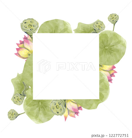 Floral Square Frame with Lotus Flowers, Watercolor Illustration for Printing on Cards, Flyers, Leaflets, Posters, Fabric, Textiles and Social Media Post Design Floral Square Frame with Lotus Flowers, Watercolor Illustration for Printing on Cards, Flyers, Leaflets, Posters, Fabric, Textiles and Social Media Post Design 122772751