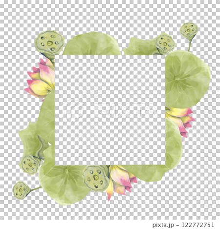 Floral Square Frame with Lotus Flowers, Watercolor Illustration for Printing on Cards, Flyers, Leaflets, Posters, Fabric, Textiles and Social Media Post Design 122772751
