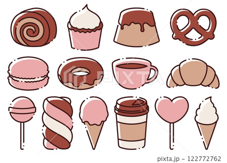 かわいいスイーツ、アイスクリーム、コーヒーのイラストセット かわいいスイーツ、アイスクリーム、コーヒーのイラストセット 122772762