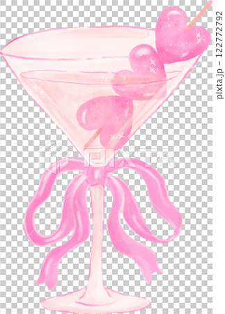 Coquette Pink Martini Glass with Pink Bow and Heart Olives Watercolor Coquette Pink Martini Glass with Pink Bow and Heart Olives Watercolor 122772792