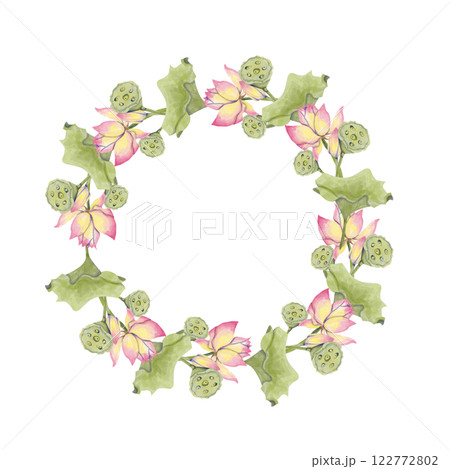 Floral Wreath with Pink Lotus Flowers, Watercolor Illustration for Printing on Cards, Flyers, Leaflets, Posters, Fabric, Textiles and Social Media Post Design Floral Wreath with Pink Lotus Flowers, Watercolor Illustration for Printing on Cards, Flyers, Leaflets, Posters, Fabric, Textiles and Social Media Post Design 122772802